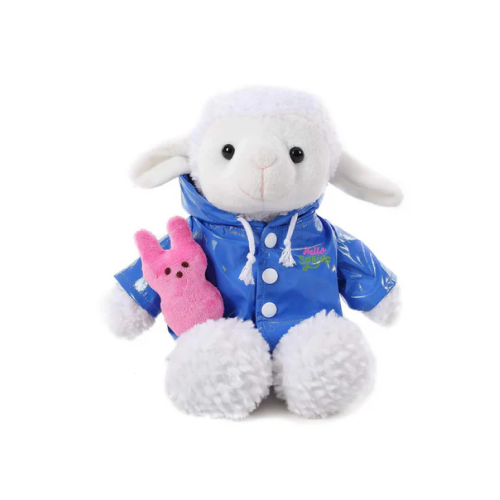 12" Sitting Sheep with Custom Raincoat, Featuring Soft and a Stylish Outfit by Plushland.