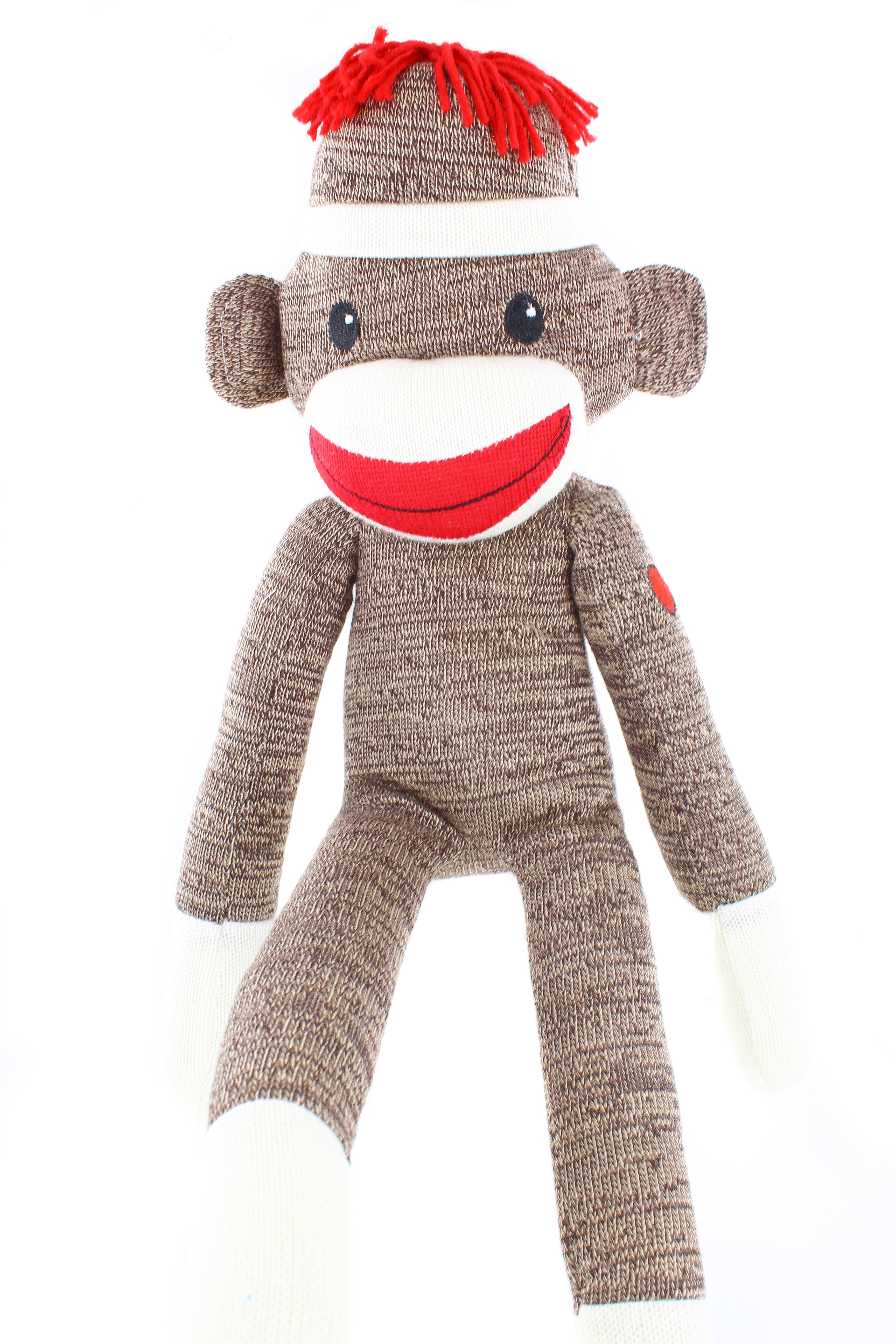 6-inch brown Sock Monkey sitting with one leg up, huggable vintage toy with soft plush fabric by Plushland