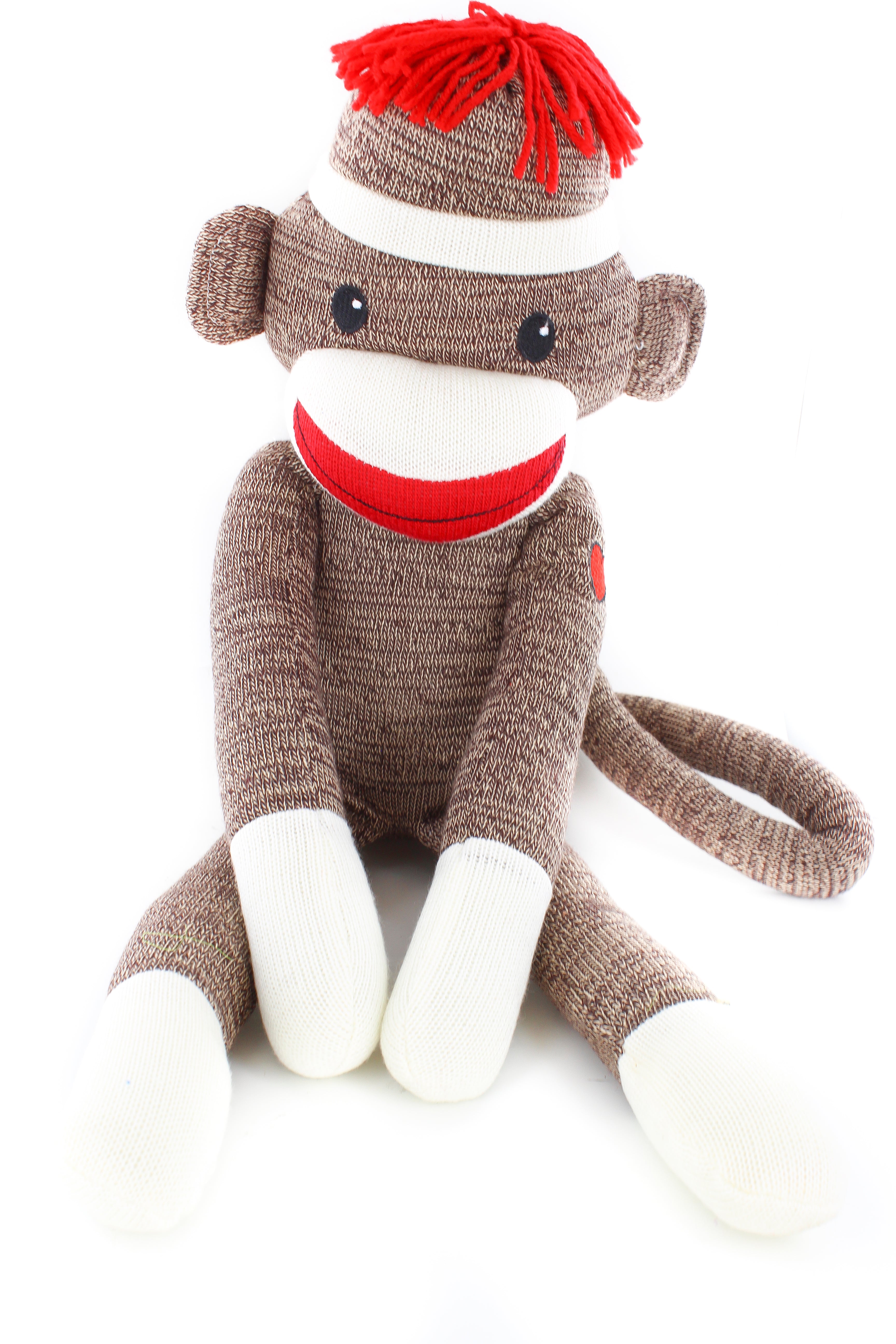 6-inch brown Sock Monkey Sitting, huggable vintage toy with soft plush fabric by Plushland 