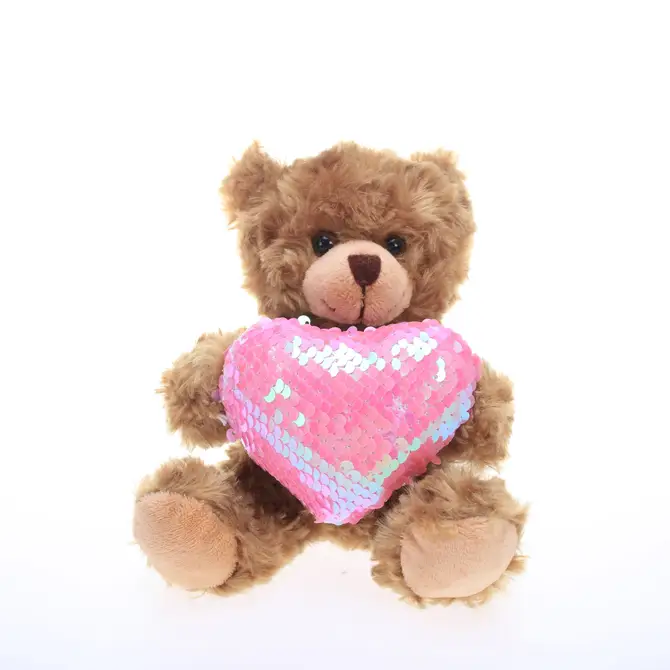 6" Sitting Mocha Bear with Sequin Pink Heart, Featuring Soft and a Sparkling Heart by Plushland.