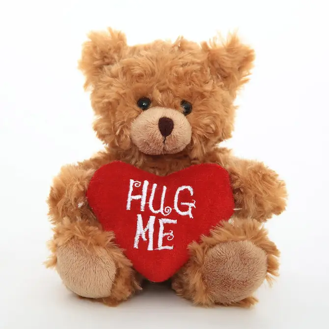 9" Sitting Valentine Mocha Bear, Soft Fur, Holding a Heart with 'Hug Me' Inscription, Perfect for Gifts by Plushland.