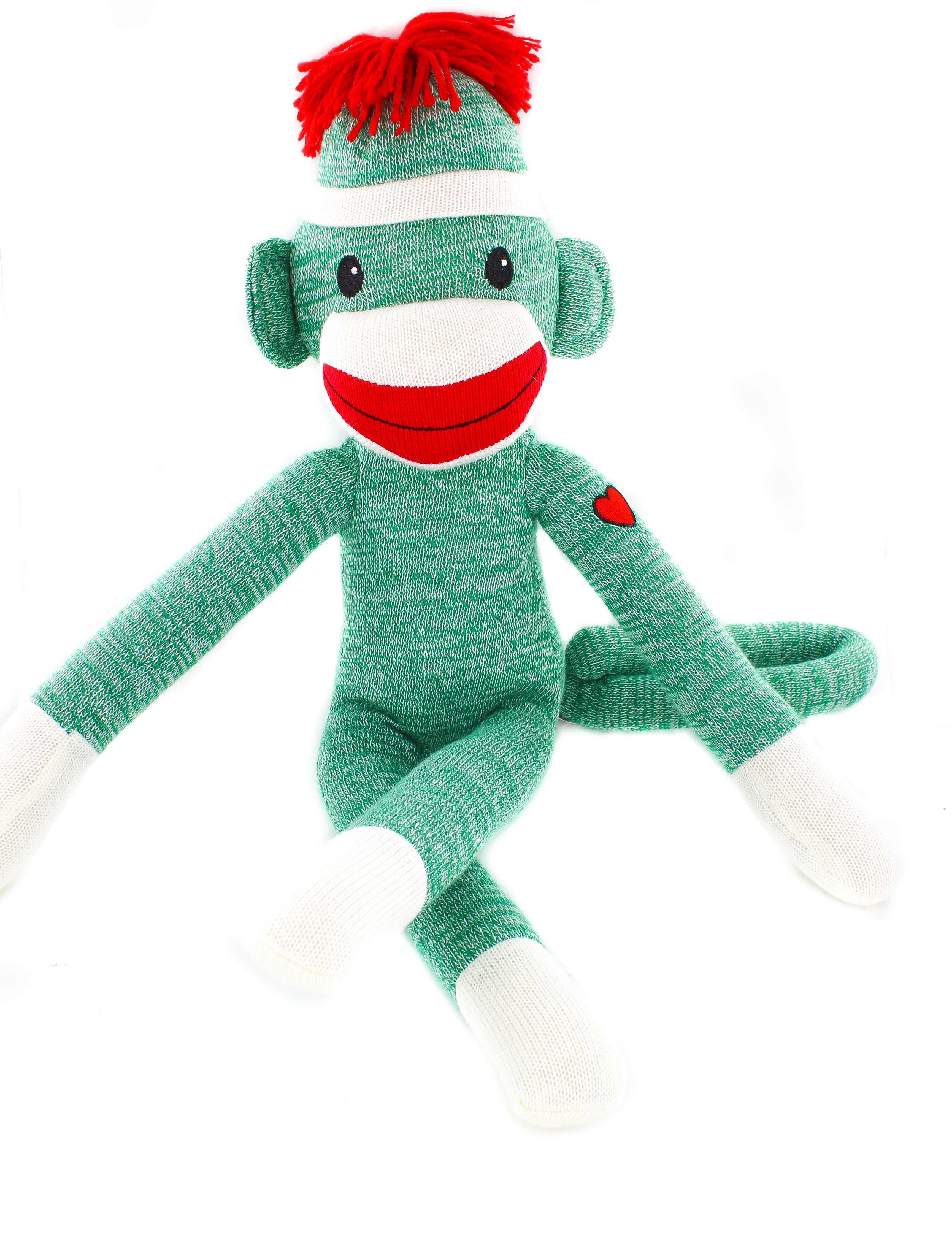 20-inch green Sock Monkey Sitting with Legs Folded, soft plush toy by Plushland