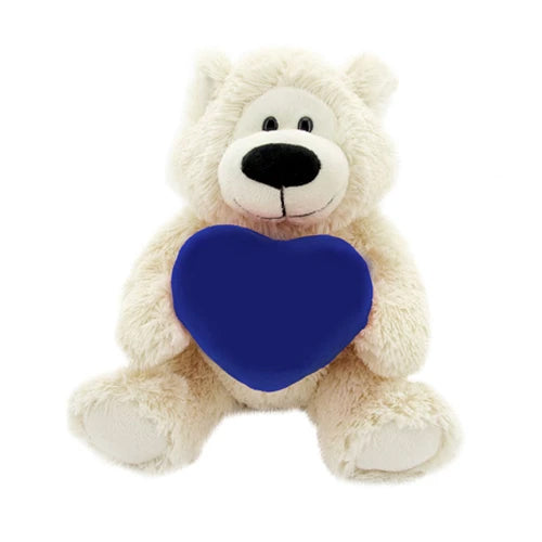 12" Sitting Sophie Bear with Custom Holding Royal Blue Heart, Soft Fur, and Personalized Design by Plushland.