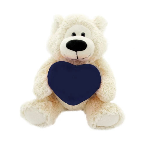 12" Sitting Sophie Bear with Custom Holding Navy Blue Heart, Soft Fur, and Personalized Design by Plushland.