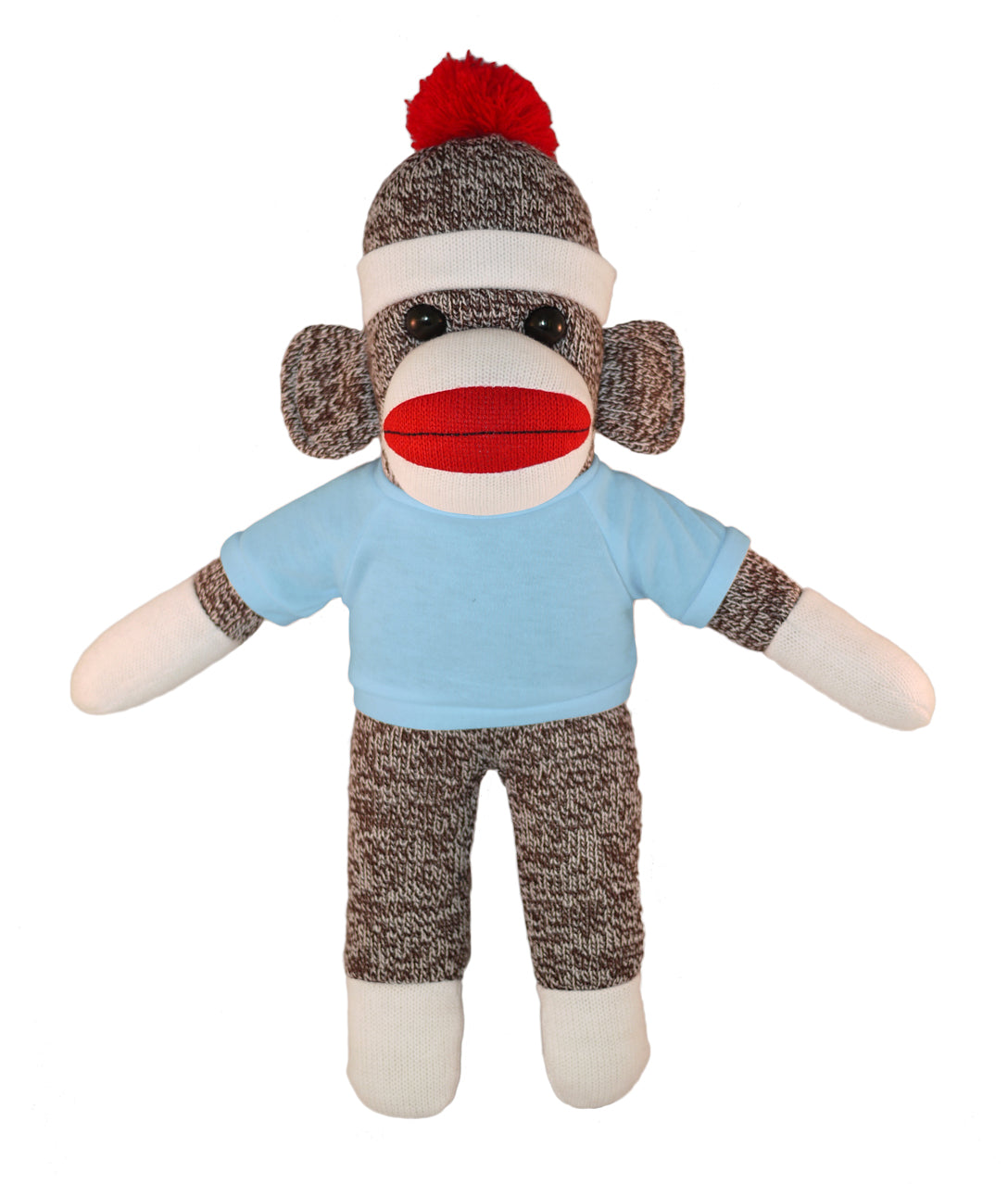 10'' Floppy Baby Blue Sock Monkey with custom text tee, soft and cuddly