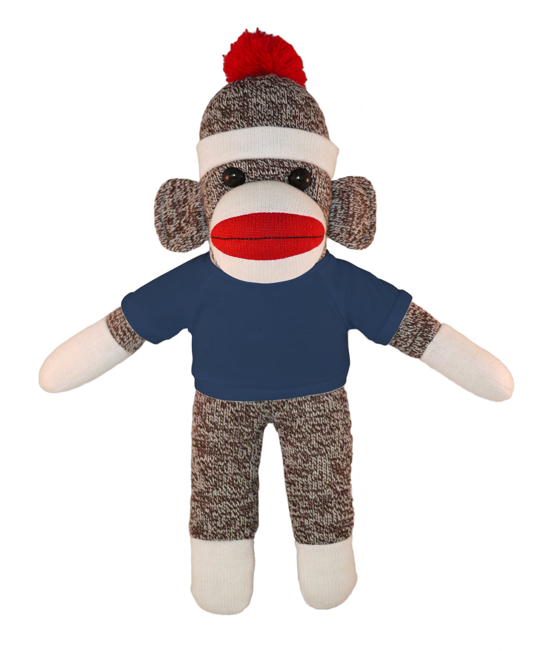 10'' Floppy Navy Blue Sock Monkey with custom text tee, soft and cuddly