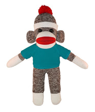 10'' Floppy turquoise Sock Monkey with custom text tee, soft and cuddly