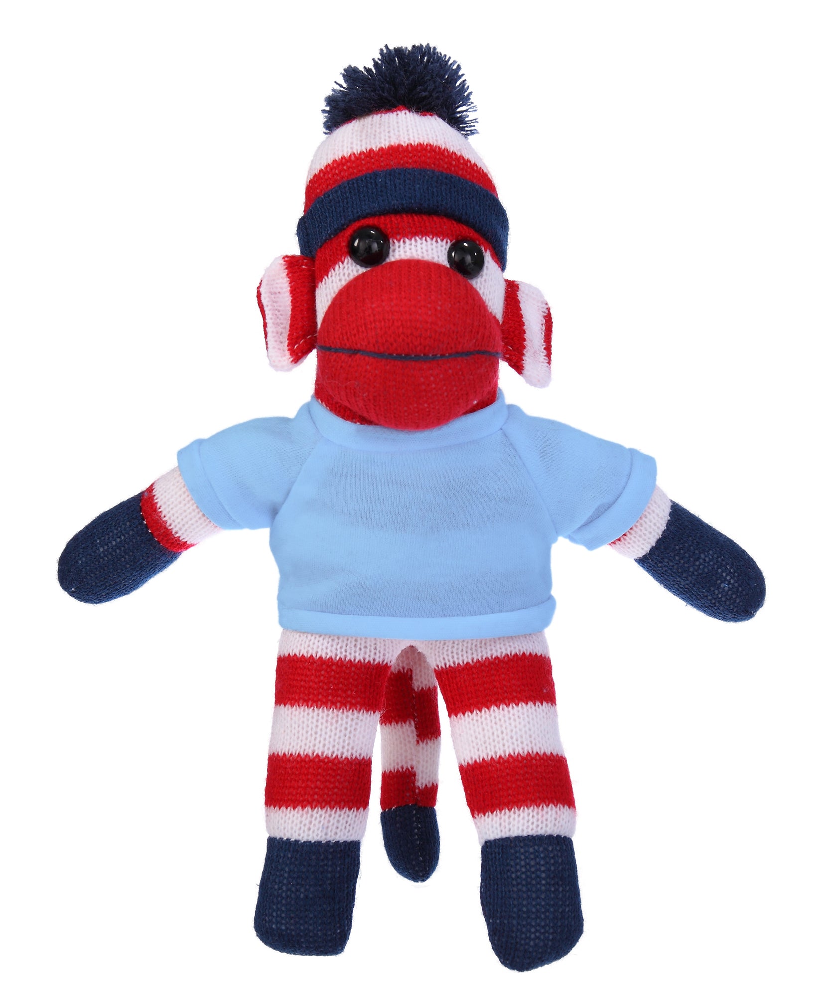 10'' Baby Blue Patriotic Sock Monkey with customizable t-shirt, soft and cuddly